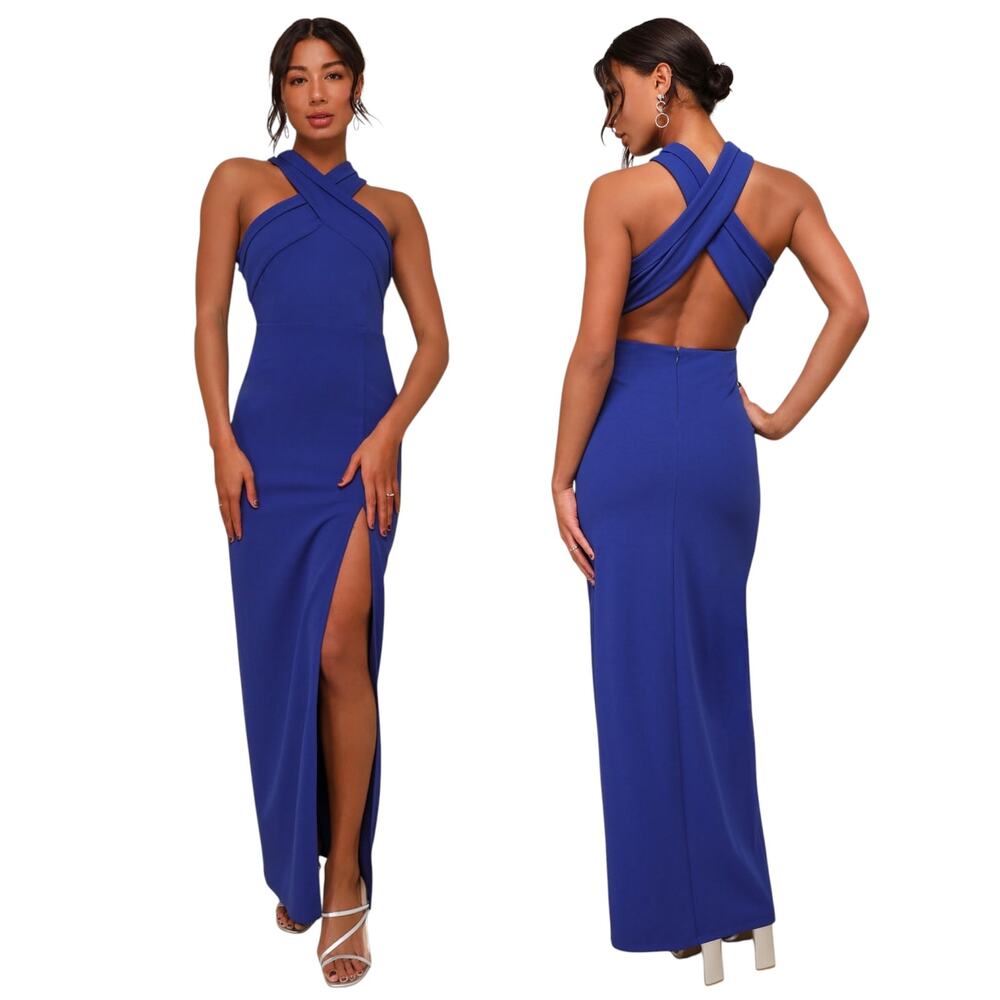 Lulus Head to Cocktail Hour Royal Blue Halter Neck Maxi Dress size S NWT